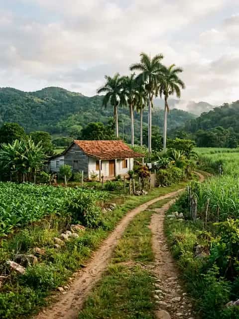 Campo con palmas reales y una casa de campo