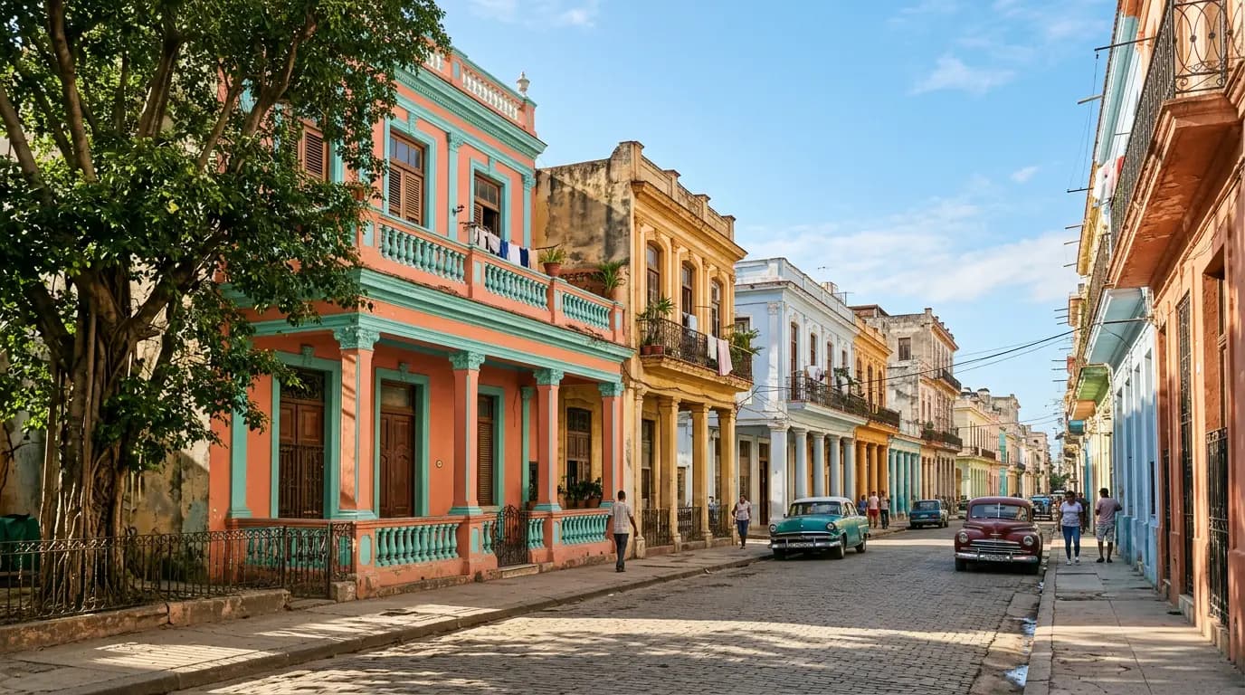 Calle residencial de La Habana con casas coloniales de colores y portales con columnas